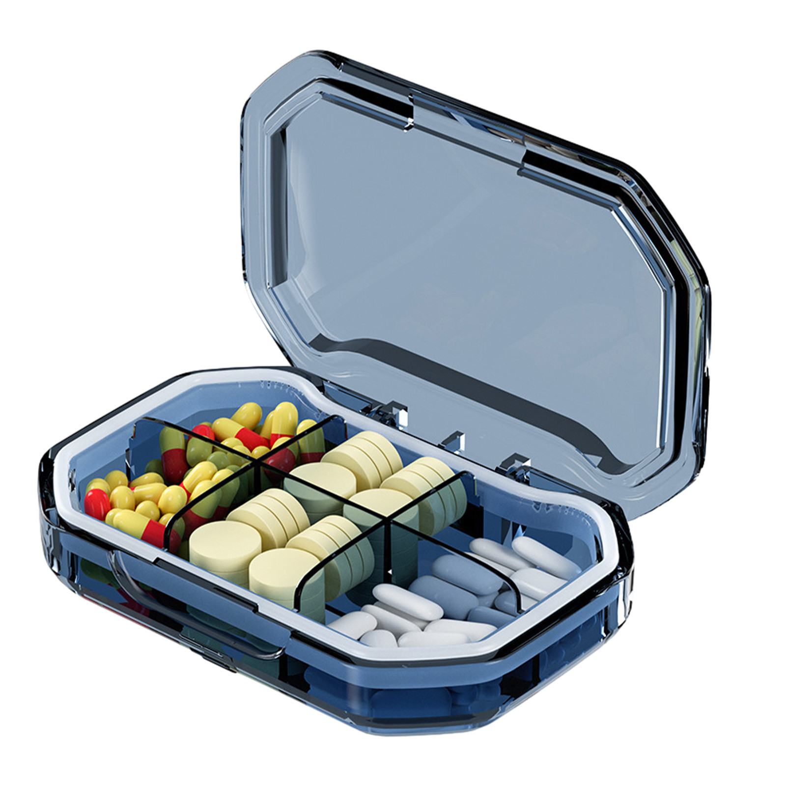 Uhuya 6 Compartment Small Pill Box, Moisture Proof Pill Case, Travel Pill Organizer for Pocket Purse, Daily Portable Medicine Vitamin Box, Fish Oil Box, Supplement Box Blue